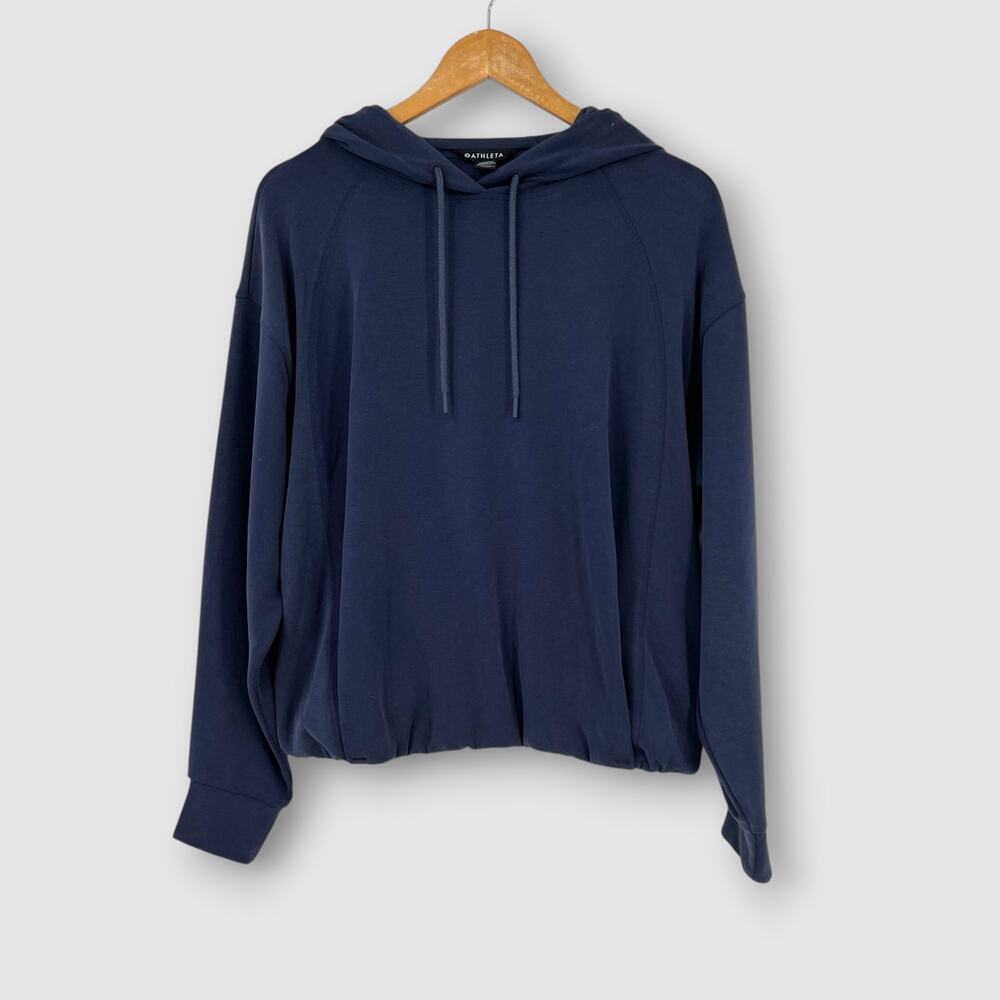 Athleta Navy Blue Pullover Hoodie Drawstring Banded Hem Sweatshirt Medium